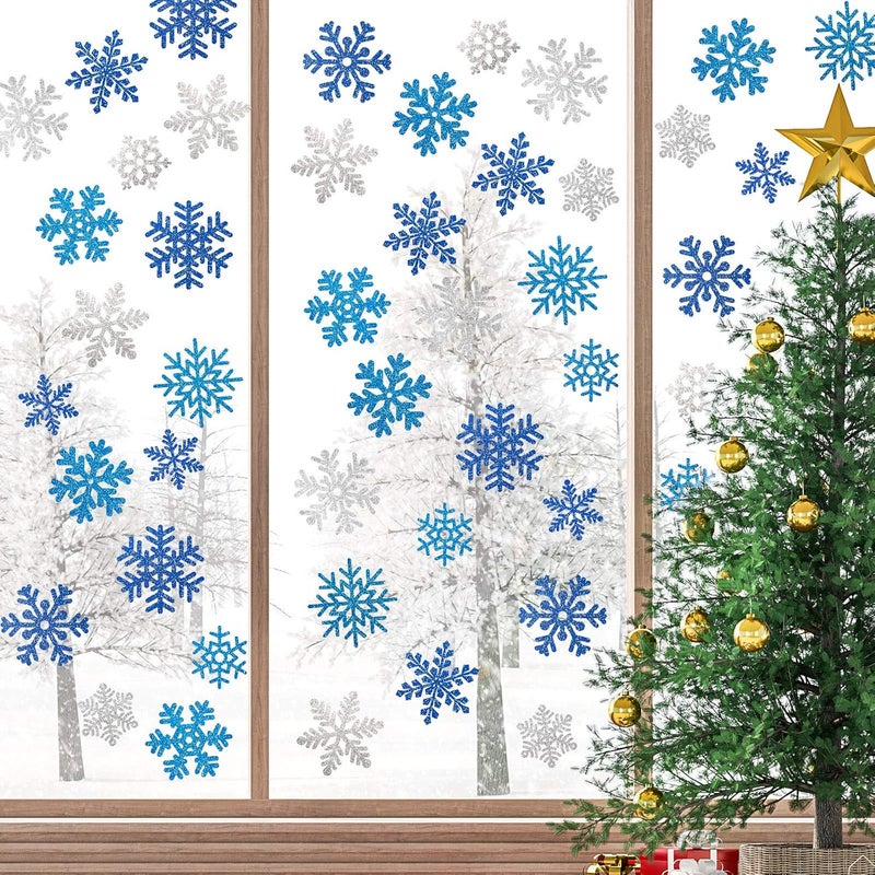 Whaline Snowflake Cut-Outs 48Pcs Glitter Blue Silver Snowflake Cutouts Double-Sided Holiday Cut-Outs with Glue Point for Winter Christmas Wonderland Frozen Party Home Decoration, Assorted Size - Image 4